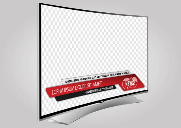 Pantalla de TV curvada lcd, plasma con barras de noticias para título de título de vídeo o tercio inferior. Aislado sobre fondo transparente. Plantilla de simulación . — Vector de stock