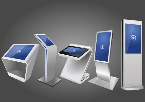 Lima Promosi Interaktif Informasi Kiosk, Iklan Tampilan, Terminal Stand, Touch Layar Tampilan. Templat Mock Up - Stok Vektor