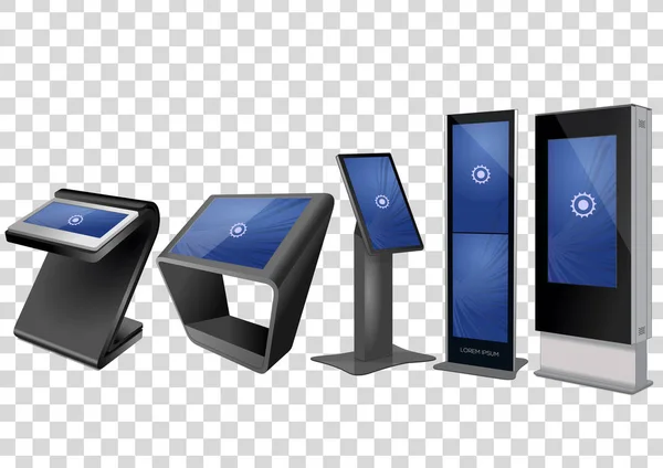 П'ять рекламні інтерактивні інформаційний кіоск, показу реклами, термінал стенд, дисплей з сенсорним екраном — стоковий вектор