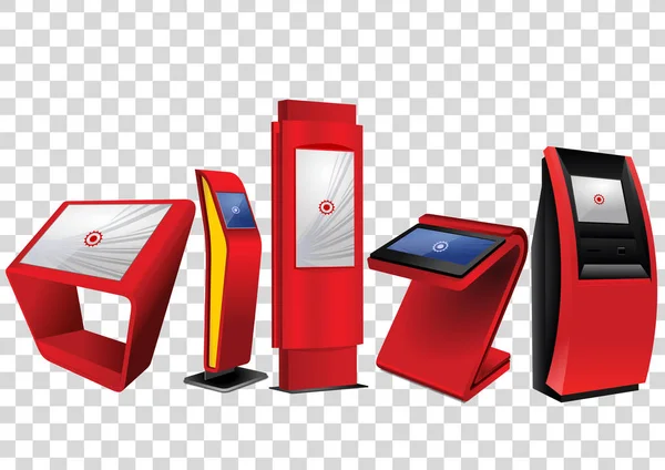 Fünf rote interaktive Werbe-Informationskiosk, Werbedisplay, Terminalständer, Touchscreen-Display isoliert auf transparentem Hintergrund. — Stockvektor