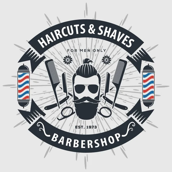 Cartaz de barbearia, banner, rótulo, crachá ou emblema em fundo cinza com poste de barbeiro em estilo vintage. Ilustração vetorial — Vetor de Stock