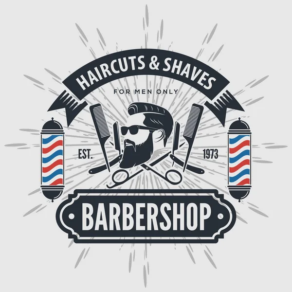 Barbershop Poster Spandoek Label Badge Embleem Grijze Achtergrond Met Kapper — Stockvector