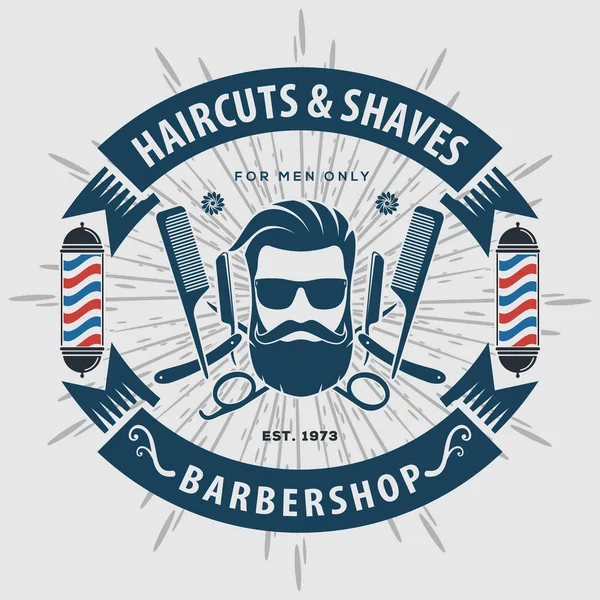 Manifesto, banner, etichetta, distintivo o emblema del barbiere su sfondo grigio con palo da barbiere in stile vintage. Illustrazione vettoriale — Vettoriale Stock
