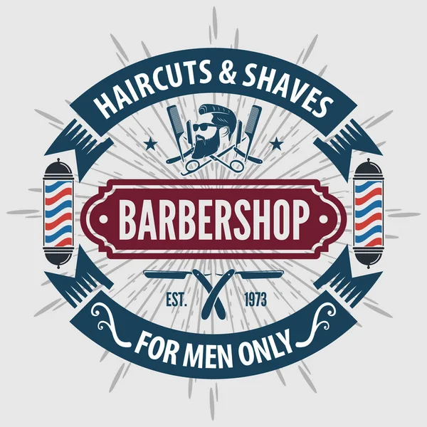 理髪店のポスター、バナー、ラベル、バッジ、またはビンテージ スタイルのバーバー ポールと灰色の背景にエンブレム。ベクトル図 — ストックベクタ