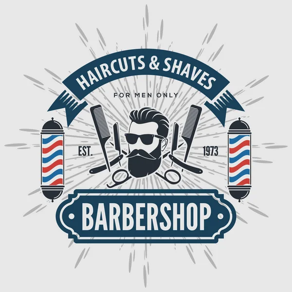 Cartaz de barbearia, banner, rótulo, crachá ou emblema em fundo cinza com poste de barbeiro em estilo vintage. Ilustração vetorial — Vetor de Stock