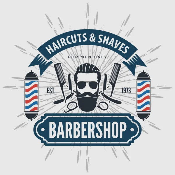 Barbershop poster, spandoek, label, badge of embleem op grijze achtergrond met kapper paal in vintage stijl. Vectorillustratie — Stockvector