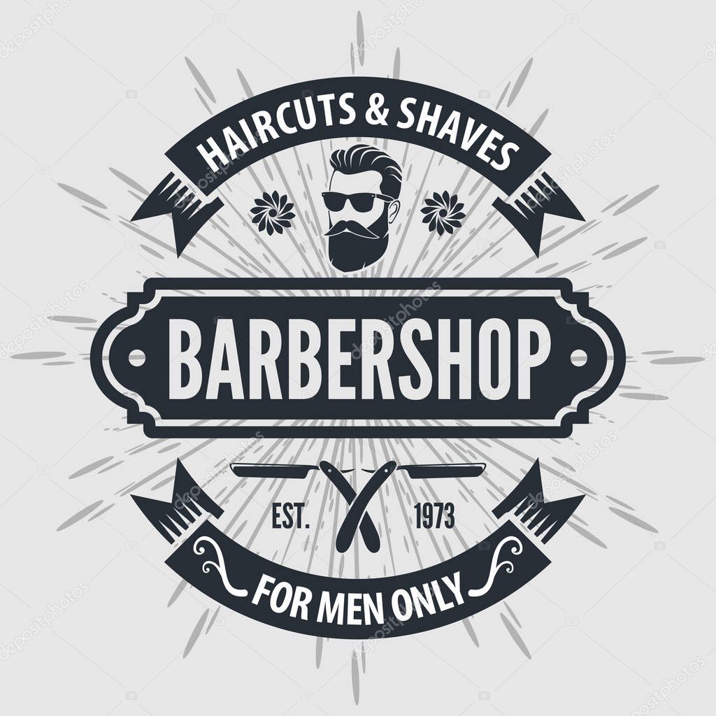 Barbershop poster, banner, label, badge, or emblem on gray background with barber pole in vintage style. Vector illustration.