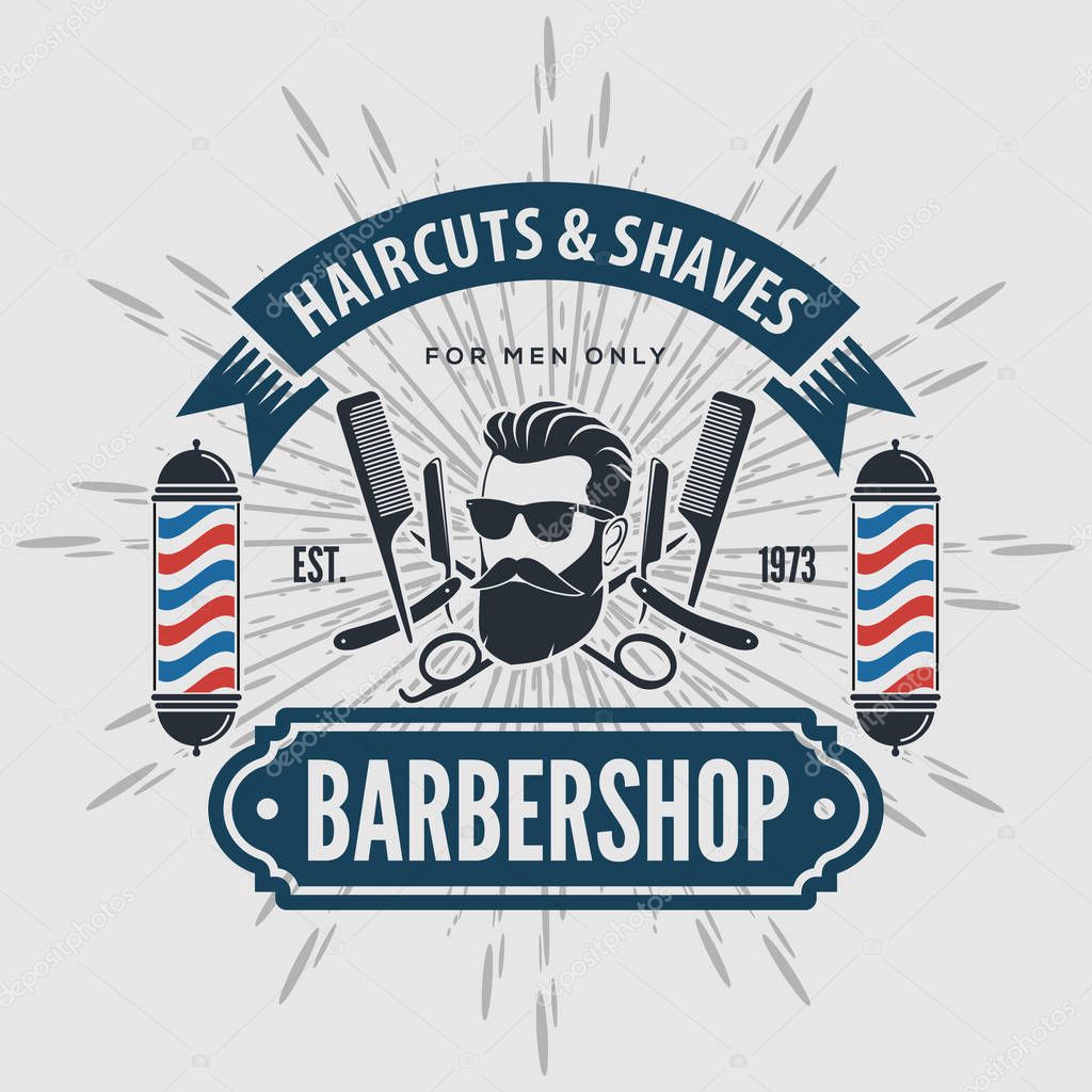 Barbershop poster, banner, label, badge, or emblem on gray background with barber pole in vintage style. Vector illustration.