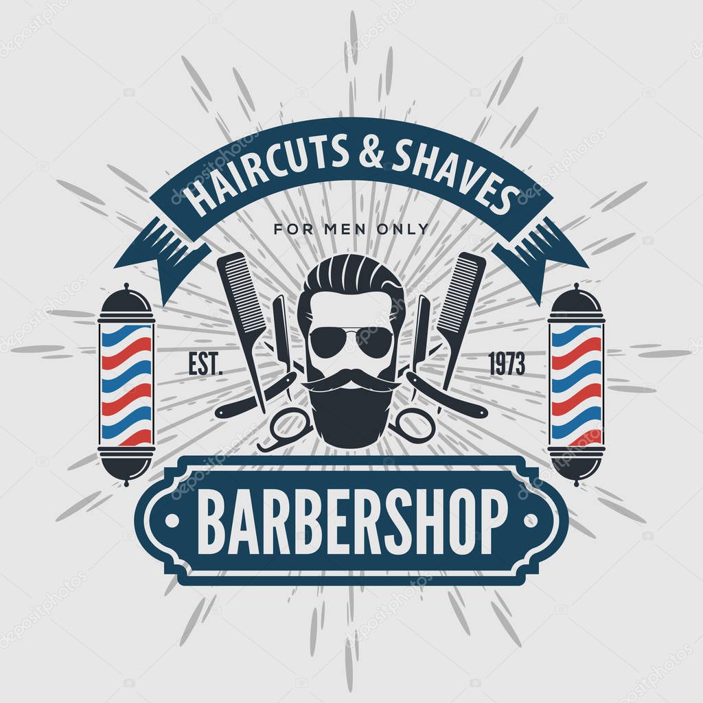Barbershop poster, banner, label, badge, or emblem on gray background with barber pole in vintage style. Vector illustration.