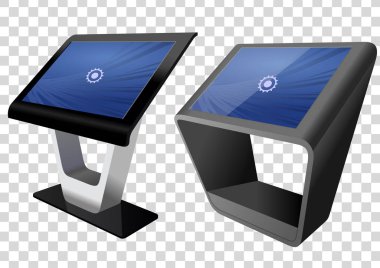 İki promosyon etkileşimli bilgi noktası, reklam görüntüleme, Terminal standı, değmek perde göstermek şeffaf arka plan üzerinde izole. 