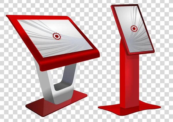 Dos quiosco de información interactivo promocional rojo, exhibición publicitaria, soporte de terminal, pantalla táctil. Plantilla de simulación . — Vector de stock