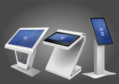 Üç promosyon etkileşimli bilgileri Kiosk, reklam görüntüleme, Terminal Stand, dokunmatik ekran. Şablonu alay
