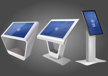 Üç promosyon etkileşimli bilgileri Kiosk, reklam görüntüleme, Terminal Stand, dokunmatik ekran. Şablonu alay.
