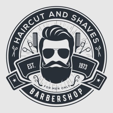 Kuaför dükkanı vintage etiket, rozet veya gri arka plan üzerinde amblemi.