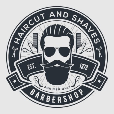 Kuaför dükkanı vintage etiket, rozet veya gri arka plan üzerinde amblemi.