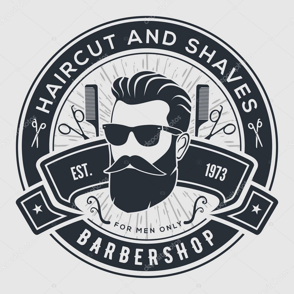Barber shop vintage label, badge, or emblem on gray background.
