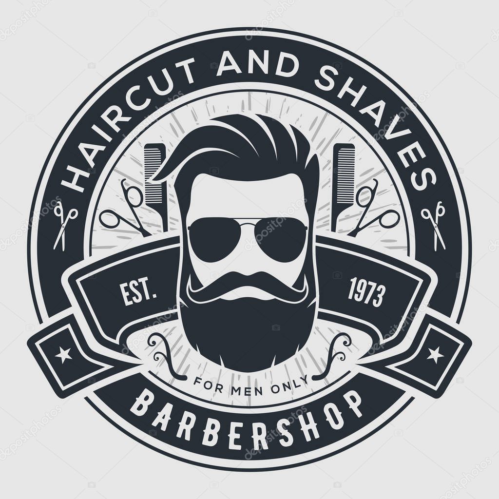 Barber shop vintage label, badge, or emblem on gray background.