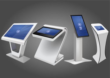 Dört promosyon etkileşimli bilgileri Kiosk, reklam görüntüleme, Terminal Stand, dokunmatik ekran. Şablonu alay