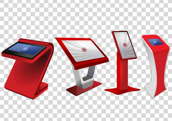 Vier rote interaktive Werbe-Informationskiosk, Werbedisplay, Terminalständer, Touchscreen-Display — Stockvektor