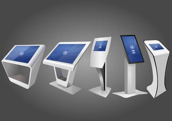 Fünf interaktive Werbekioske, Anzeigendisplay, Terminal-Stand, Touchscreen-Display. Vorlage gefälscht — Stockvektor