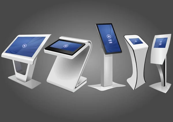 Fünf interaktive Werbekioske, Anzeigendisplay, Terminal-Stand, Touchscreen-Display. Vorlage gefälscht — Stockvektor