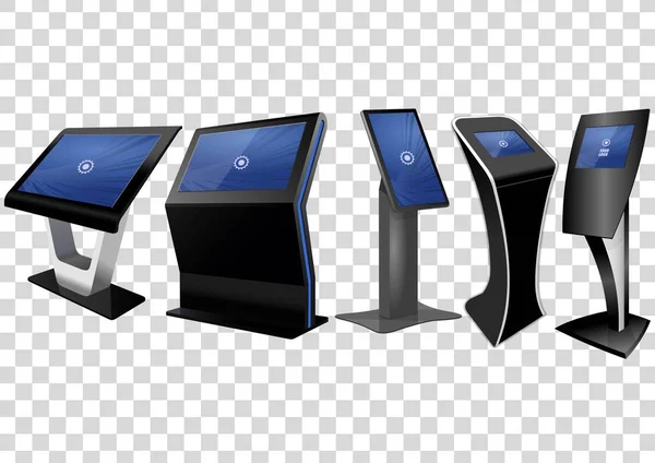 Vijf promotionele interactieve informatiekiosk Advertentie Display, Terminal staan, Touch Screen Display geïsoleerd op transparante achtergrond. — Stockvector