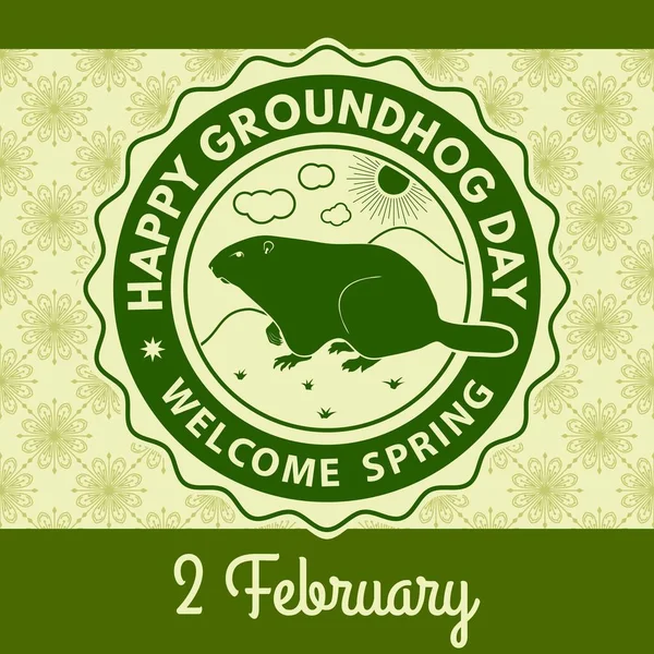 Ευτυχισμένος ευχετήρια κάρτα της ημέρα groundhog, ετικέτα ή αφίσα. Εικονογράφηση διάνυσμα — Διανυσματικό Αρχείο