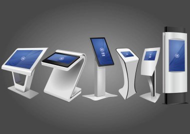 Altı promosyon etkileşimli bilgileri Kiosk, reklam görüntüleme, Terminal Stand, dokunmatik ekran. Şablonu alay