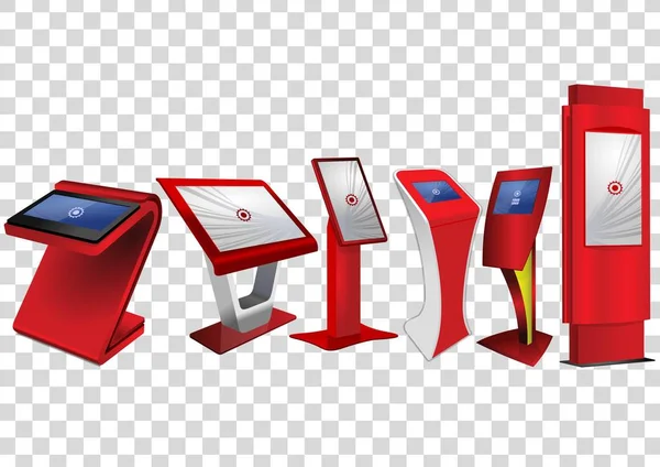 Sechs rote interaktive Werbe-Informationskiosk, Werbedisplay, Terminalständer, Touchscreen-Display isoliert auf transparentem Hintergrund. Vorlage gefälscht — Stockvektor