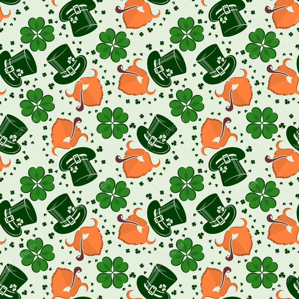 St. Patrick's Day seamless pattern with leprechaun, hat and clover. Vector illustration
