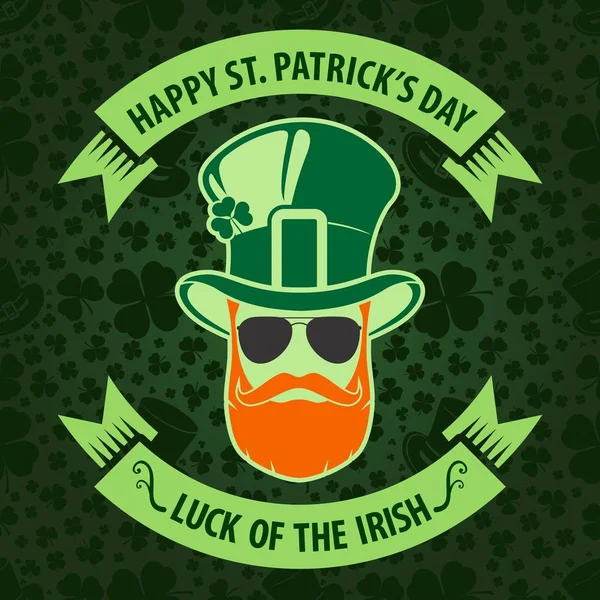 Affiche, bannière, étiquette, badge, emblème ou carte de vœux de Saint-Patrick avec leprechaun hipster. Illustration vectorielle — Image vectorielle