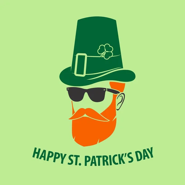 St. Patrick 's Day Cartel de vacaciones, pancarta, etiqueta, insignia, emblema o diseño de tarjetas de felicitación con duende hipster. Ilustración vectorial — Archivo Imágenes Vectoriales