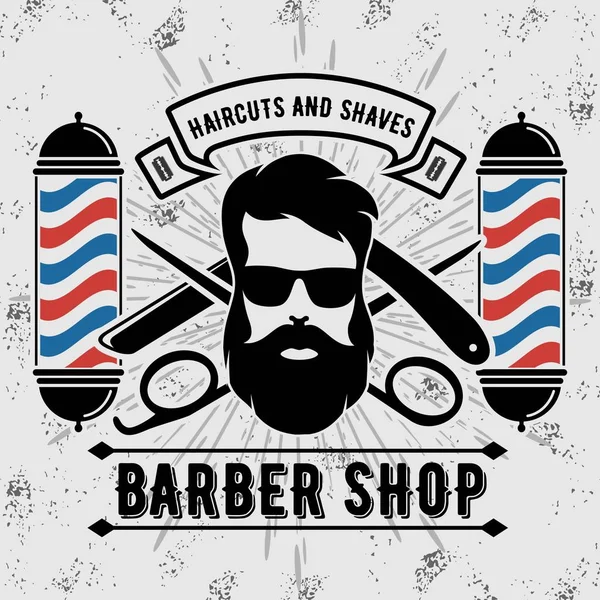 Barbiere negozio poster vintage, banner, etichetta, distintivo, o emblema su sfondo grigio. Illustrazione vettoriale — Vettoriale Stock