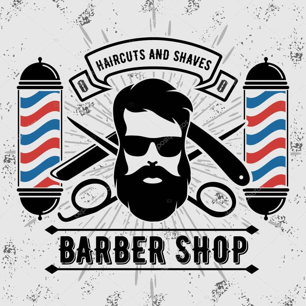 Barber shop vintage poster, banner, label, badge, or emblem on gray background. Vector illustration