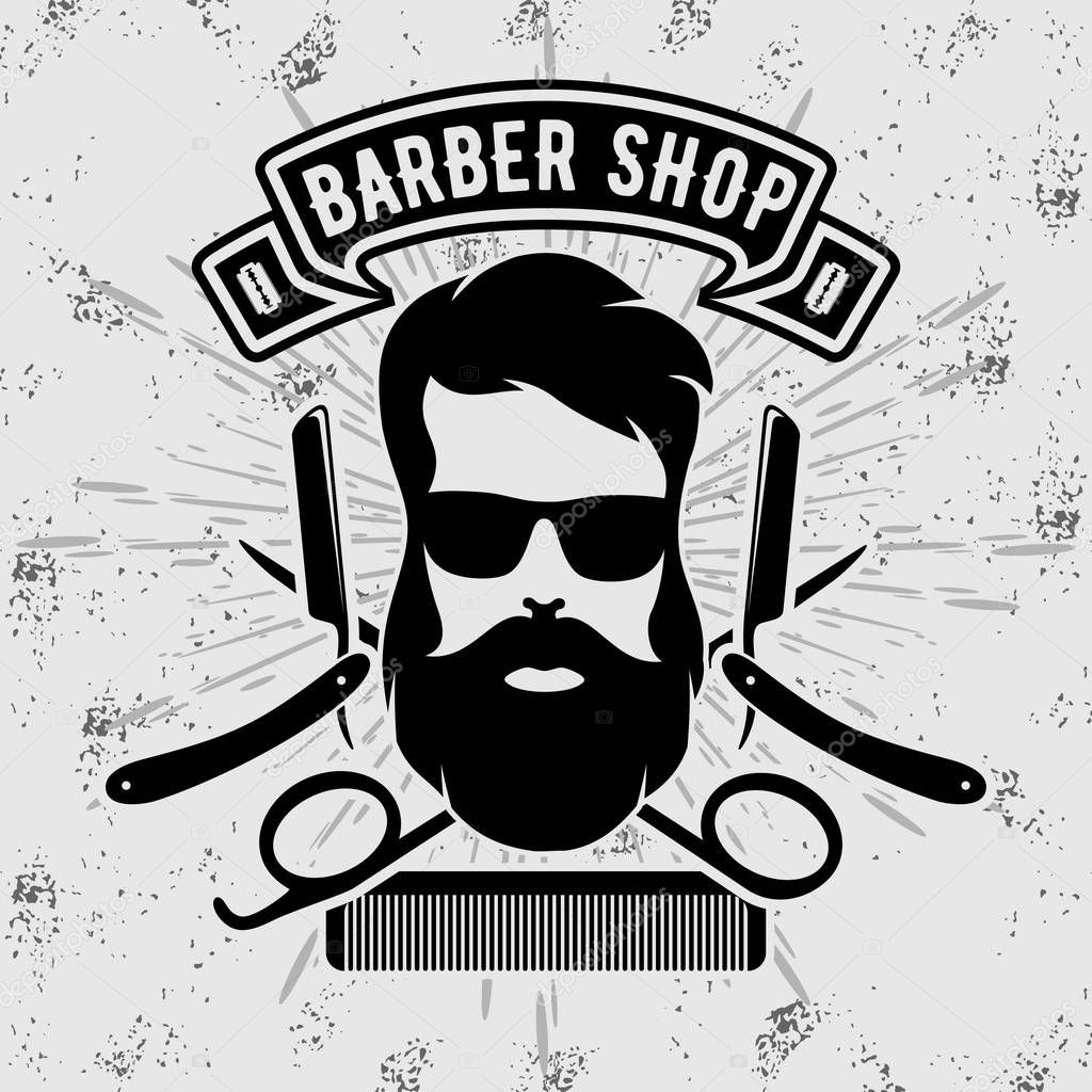 Barber shop vintage poster, banner, label, badge, or emblem on gray background. Vector illustration.