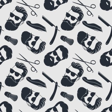 Berber arka plan, kuaförlük makas, jilet ve yenilikçi yüzü ile seamless modeli. Vektör çizim