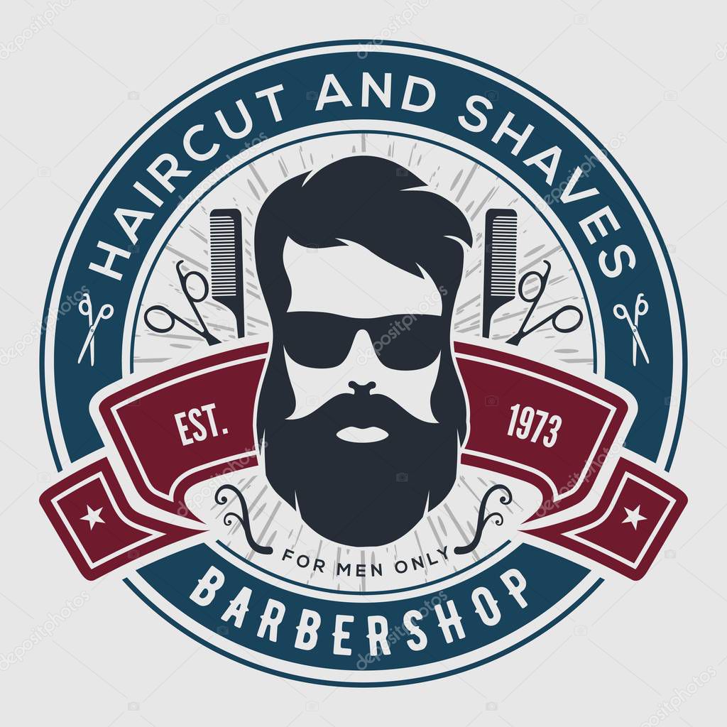 Barbershop vintage label, badge, or emblem on gray background. Vector illustration.