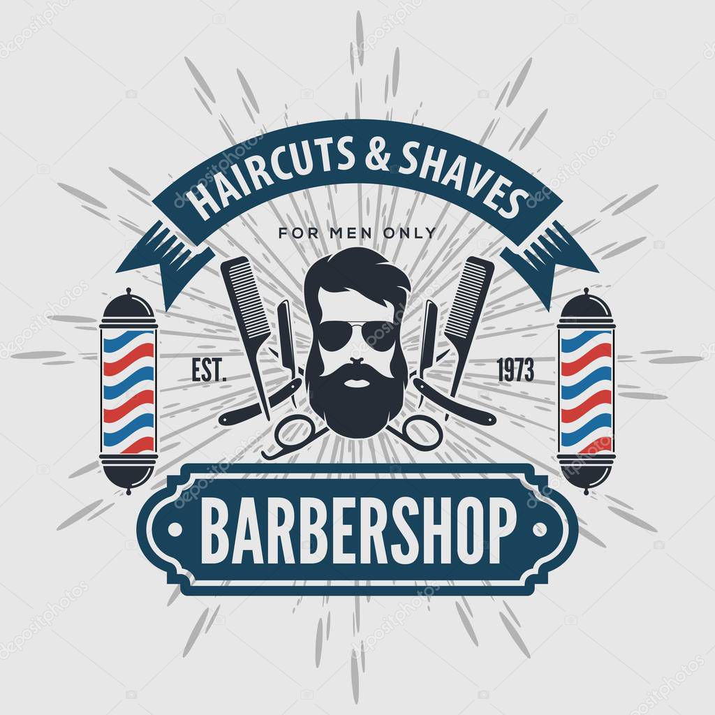 Barbershop Logo with barber pole in vintage style. Vector template.
