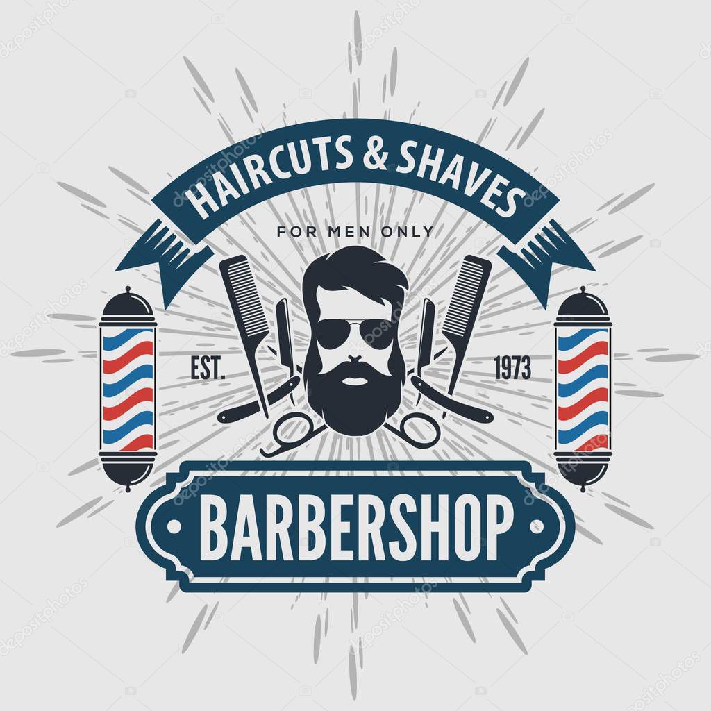 Barbershop Logo with barber pole in vintage style. Vector template