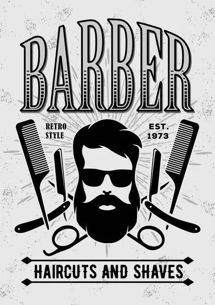 Barbershop etiqueta vintage, crachá, ou emblema em fundo cinza. Ilustração vetorial — Vetor de Stock