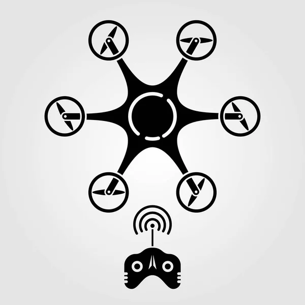 Hexacopter, drone con icona del telecomando isolato su sfondo bianco . — Vettoriale Stock