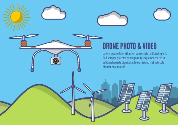 Drone aereo con fotocamera che scatta fotografie e video concept. Design piatto. Illustrazione vettoriale — Vettoriale Stock