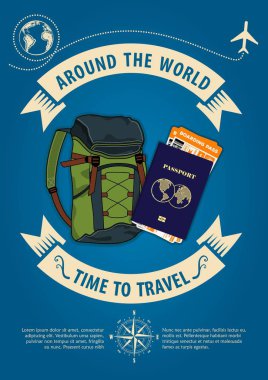 Başlık sayfası veya poster seyahat çantası, pasaport ve biniş kartı biletleri seyahat vakti geldi. Seyahat ve tatil için kavram. Vektör çizim