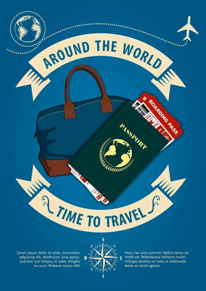 Time to travel banner or poster with travel bag, passport and boarding passes tickets. Concept for travel and vacations. Vector illustration — Stock Vector