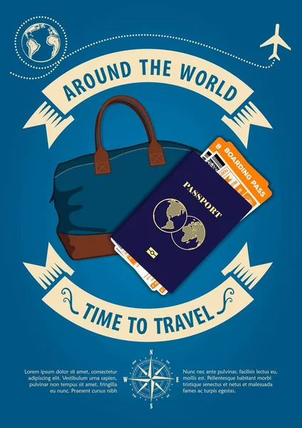 Time to travel banner or poster with travel bag, passport and boarding passes tickets. Concept for travel and vacations. Vector illustration — Stock Vector