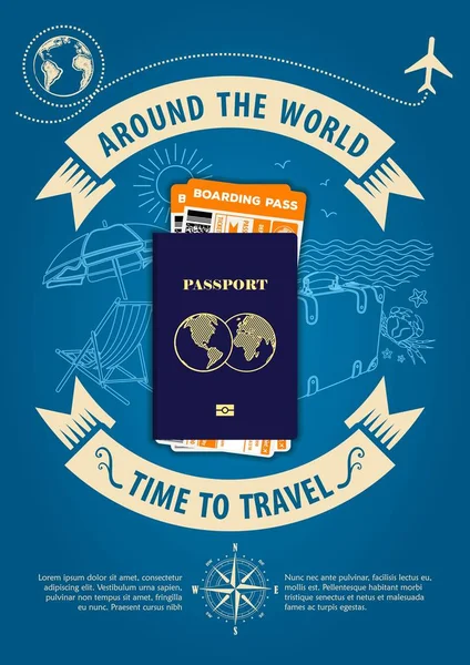 Time to travel banner or poster with passport and boarding passes tickets. Concept for travel and vacations. Vector illustration — Stock Vector