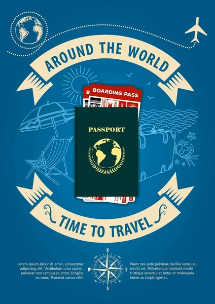 Час подорожувати банером або плакатом з квитками на паспорт та посадкові талони. Концепція подорожей та відпусток. Векторні ілюстрації — стоковий вектор