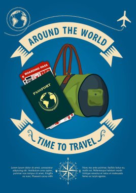 Başlık sayfası veya poster seyahat çantası, pasaport ve biniş kartı biletleri seyahat vakti geldi. Seyahat ve tatil kavramı. 