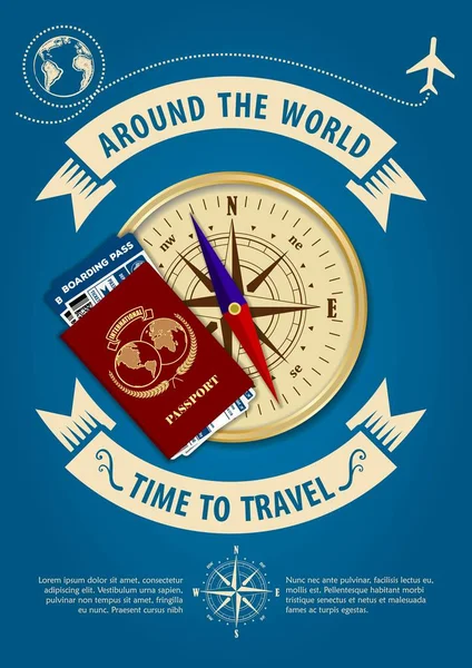 Time to travel banner or poster with compass, passport and boarding passes tickets. Concept for travel and vacations. — Stock Vector