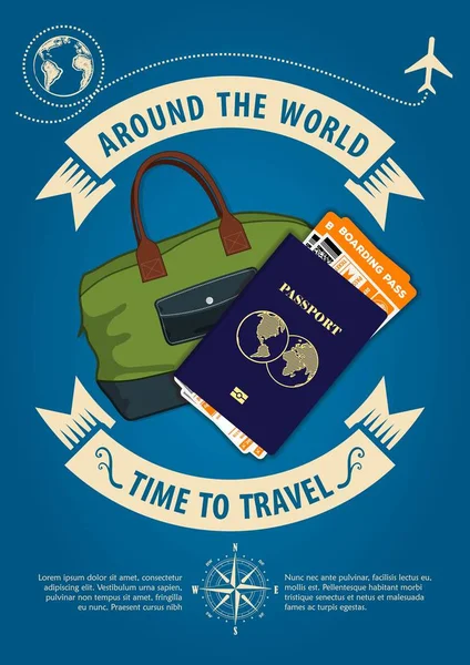 Time to travel banner or poster with travel bag, passport and boarding passes tickets. Concept for travel and vacations. — Stock Vector